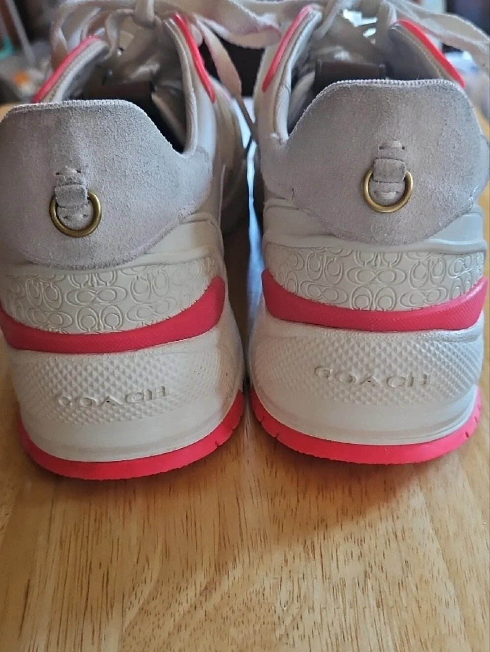 Coach C143 Women's White Sneaker with Pink Accents and Suede Trim